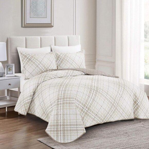 New 3 PC Beige Taupe Brown Plaid Reversible Quilt Set • KING Size - Picture 2 of 7